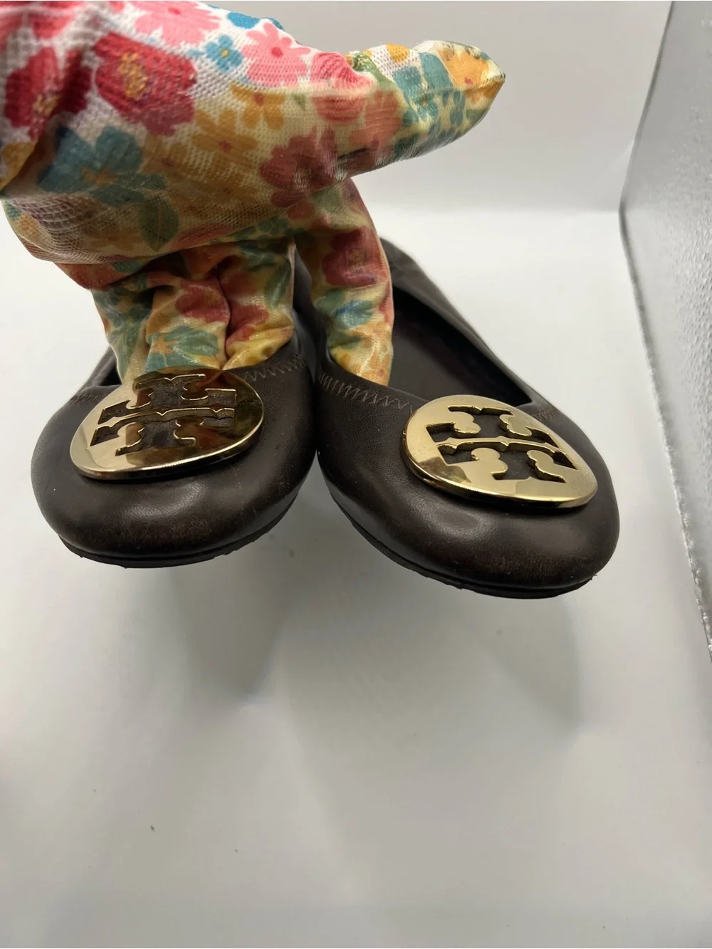 Tory Burch Dark Brown Leather Logo Ballet Flats with Gold Emblem
